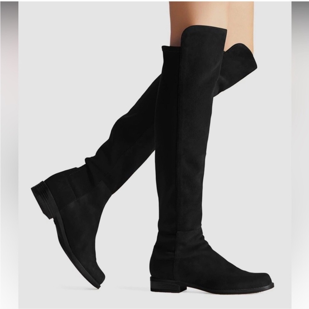 New Stuart Weitzman 5050 Suede Riding Boots Knee High Black Low Heel Sz 5.5